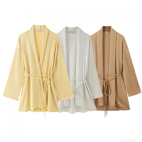 Women's Pleated Kimono Cardigan Top Or Wide Leg Pants Casual Solid Color Two Piece Lounge Set Loose High Waist Trousers Outfits