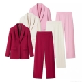 Women's Professional Suit Set Polyester Notch Lapel Single Breasted Blazer and High Waist Wide Leg Trousers Two Piece Business Office Outfit