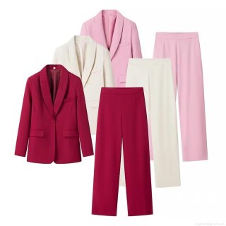Women's Professional Suit Set Polyester Notch Lapel Single Breasted Blazer and High Waist Wide Leg Trousers Two Piece Business Office Outfit