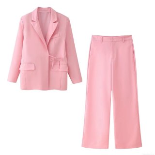 Women's Fashion Pink Suit Set Two Piece Long Sleeve Padded Shoulder Blazer With Belt And High Waist Wide Leg Pants Casual Office Streetwear Outfits