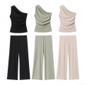 Women's Ribbed Knit Two Piece Set One Shoulder Asymmetric Top And Wide Leg Pants High Waist Ruched Slim Fit Lounge Streetwear For Women Summer Vacation Outfit