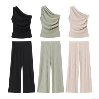 Women's Ribbed Knit Two Piece Set One Shoulder Asymmetric Top And Wide Leg Pants High Waist Ruched Slim Fit Lounge Streetwear For Women Summer Vacation Outfit