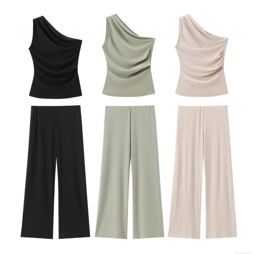 Women's Ribbed Knit Two Piece Set One Shoulder Asymmetric Top And Wide Leg Pants High Waist Ruched Slim Fit Lounge Streetwear For Women Summer Vacation Outfit