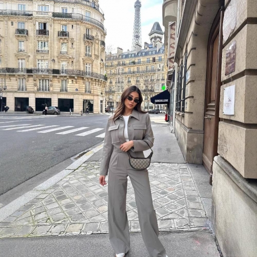 Women's Fashion 2 Piece Outfits Casual Cropped Blazer Jacket And High Waist Wide Leg Long Pants Set Solid Color Streetwear Office Business Suit