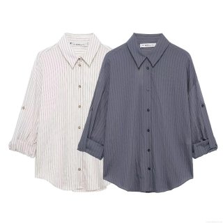 Women's Two Piece Set Striped Long Sleeve Button Down Shirt And High Waist Wide Leg Pants 100% Polyester Loose Casual Outfits Streetwear For Women