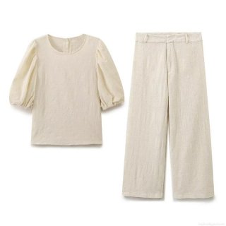 Elegant Embroidery Jacquard Outfits For Women Vintage Puff Sleeve Round Neck Top Or High Waist Wide Leg Pants Casual Cotton Blend Suit
