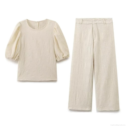 Elegant Embroidery Jacquard Outfits For Women Vintage Puff Sleeve Round Neck Top Or High Waist Wide Leg Pants Casual Cotton Blend Suit