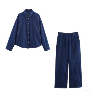 Women Denim Two Piece Set Casual Long Sleeve Button Down Shirt And Wide Leg Drawstring Pants Loose Streetwear Dark Blue Cotton Blend Denim Outfits