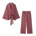 Women's Two Piece Outfits Kimono Jacket with Belt and Flare Pants Set Solid Color Long Sleeve Wide Leg Trousers Loungewear Casual Streetwear Sets