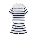 Women's Casual Striped Short Sleeve Top With Metal Buttons And High Waist Striped Shorts Two Piece Polyester Set Summer Loungewear Streetwear
