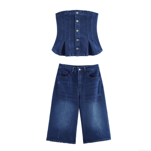 Women Denim Two Piece Set Cotton Blend Sexy Corset Top and High Waist Wide Leg Shorts Summer Streetwear Fashion Outfit Set