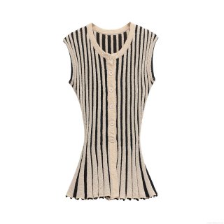 Women's Striped Knitted Two Piece Set Sleeveless Button Front Vest And High Waist Flare Pants Polyester Knit Slim Fit Chic Tracksuit For Ladies