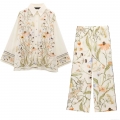 Women Floral Print Two Piece Set Long Sleeve Button Down Lapel Shirt And High Waisted Wide Leg Pants Polyester Casual Streetwear Vacation Outfits