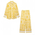 Women's Baroque Floral Print Two Piece Outfits 100% Polyester Satin Long Sleeve Lapel Shirt And Wide Leg Pants Set Vintage Vacation Streetwear