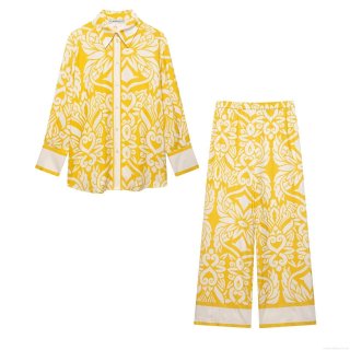 Women's Baroque Floral Print Two Piece Outfits 100% Polyester Satin Long Sleeve Lapel Shirt And Wide Leg Pants Set Vintage Vacation Streetwear