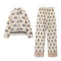 Women's Ethnic Embroidery Cotton Polyester Vacation Two Piece Set Lotus Print Shirt And Elastic Waist Pants Casual Streetwear Long Sleeve Blouse Set