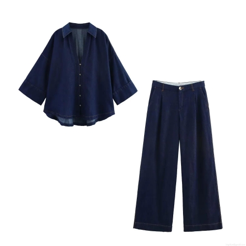Women's Two Piece Denim Set Casual Wide Sleeve Button Up Shirt and High Waist Wide Leg Long Pants Cotton Blend Streetwear Deep Blue Outfits