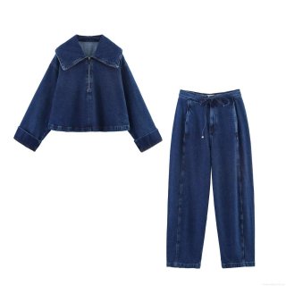 Women's Denim Two Piece Set Cotton Blend Half Zip Crop Jacket And High Waist Drawstring Straight Leg Pants Casual Streetwear Daily Wear Deep Blue Vintage Style For Women