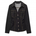 Women's Fashion Slim Denim Shirt and High Waisted Straight Leg Pants Two-Piece Set Long Sleeve Button Down Top with Contrast Stitching Streetwear Suit
