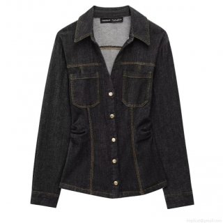 Women's Fashion Slim Denim Shirt and High Waisted Straight Leg Pants Two-Piece Set Long Sleeve Button Down Top with Contrast Stitching Streetwear Suit