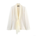 Women's Casual Blazer and Pants Set Solid Color Scarf Collar Long Sleeve Jacket with High Waist Straight Leg Trousers Professional Office Suit Polyester Blend Two-Piece Set