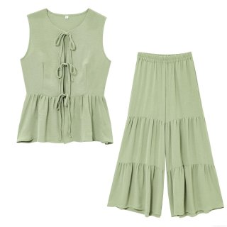 Women's 2 Piece Outfits Sets Sleeveless Tie Front Peplum Top and Tiered Wide Leg Pants Solid Color Polyester Summer Casual Beach Holiday Fashion Streetwear