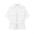 Women's 2 Piece Safari Style Pant Set Short Sleeve Zipper Shirt Top And High Waist Wide Leg Long Pants With Belt Casual Solid Color Polyester Streetwear Summer Outfit