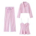 Women's 3-Piece Striped Poplin Set Pink White Lace Trim Cropped Shirt Cami Top And Wide Leg Pants Casual Loungewear Pajamas Set For Ladies