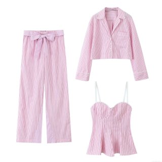 Women's 3-Piece Striped Poplin Set Pink White Lace Trim Cropped Shirt Cami Top And Wide Leg Pants Casual Loungewear Pajamas Set For Ladies