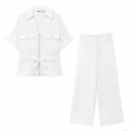Women's 2 Piece Outfits Casual Crepe Fabric Set Short Sleeve Zipper Lapel Top With Belt And High Waist Wide Leg Pants Streetwear Summer Outfits For Women