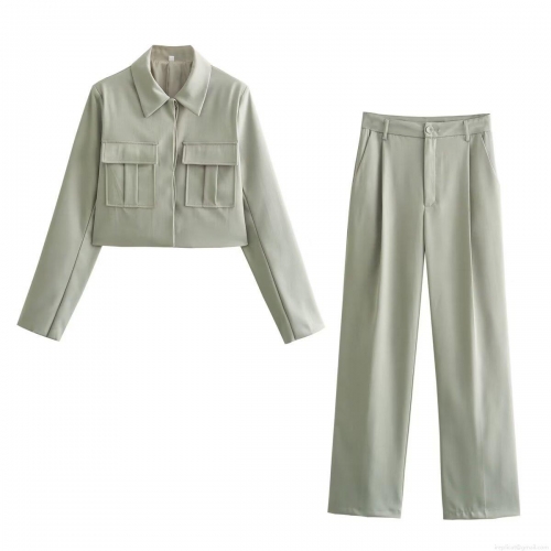 Women Two Piece Set Polyester Woven Twill High Waisted Straight Leg Pants Short Jacket Streetwear Daily Casual Office Solid Color Classic Women Comfortable Workwear Style