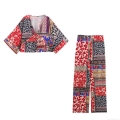 Women's Bohemian Patchwork Print V-Neck Blouse And Wide Leg Pants Set Ethnic Style Loose Long Sleeve Top High Waist Trousers Two Piece Outfits For Vacation Streetwear