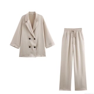 Women's Casual 2 Piece Outfits Pleated Crinkle Texture Blazer Jacket And Wide Leg Pants Set Double Breasted Top Elastic Waist Trousers Suit For Office Streetwear