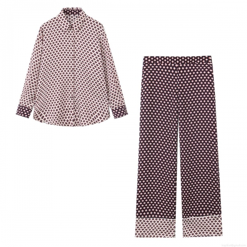 Women's 2 Piece Geometric Print Casual Set Silk Satin Texture Long Sleeve Button Down Shirt And Wide Leg Pants Streetwear Outfits