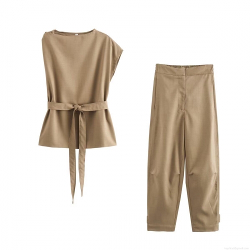 Women's Two Piece Casual Set Woven 100% Polyester Sleeveless Round Neck Belted Top and Wide Leg Pants Khaki Solid Streetwear Summer Outfit For Women