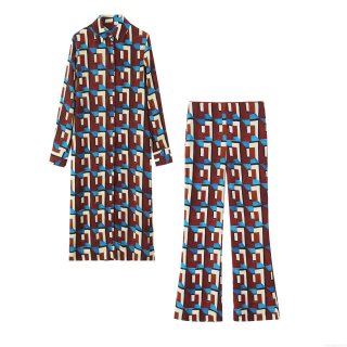 Women's 2 Piece Outfits Retro Geometric Print Long Sleeve Button Down Shirt And High Waist Wide Leg Pants Set Vintage Color Block Tunic Trousers Set For Streetwear
