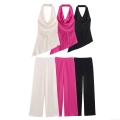 Women's Fashion 2 Piece Outfits Pleated Halter Neck Asymmetric Hem Top and High Waist Wide Leg Pants Set Summer Casual Streetwear Solid Color Suits