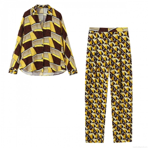Women's Retro Geometric Print Two Piece Set Long Sleeve Lapel Shirt And Wide Leg Pants Casual Streetwear Outfits Loose Trousers Suit