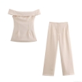 Women's Sexy Off Shoulder Tube Top and High Waisted Wide Leg Pants Two Piece Set Solid Color Elegant Streetwear Summer Vacation Outfits