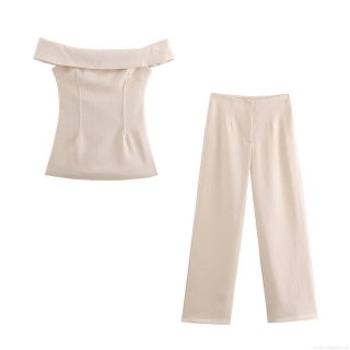 Women's Sexy Off Shoulder Tube Top and High Waisted Wide Leg Pants Two Piece Set Solid Color Elegant Streetwear Summer Vacation Outfits