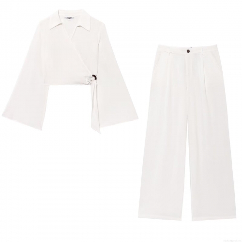 Women's Elegant Linen Cotton Blend Two-Piece Suit Long Sleeve Wrap Crop Top And High Waist Wide Leg Pants Set Solid Color Summer Vacation Outfits For Women