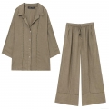 Women's Linen Cotton Blend Two Piece Set Hollow Out Embroidery V Neck Shirt Drawstring Wide Leg Pants Casual Summer Vacation Streetwear Outfit