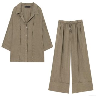 Women's Linen Cotton Blend Two Piece Set Hollow Out Embroidery V Neck Shirt Drawstring Wide Leg Pants Casual Summer Vacation Streetwear Outfit