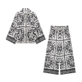 Women's Two Piece Outfits Floral Print Long Sleeve Button Down Shirt And High Waist Drawstring Wide Leg Pants Set 100% Polyester Casual Beach Streetwear Tracksuit