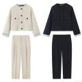 Women Linen Blend Two Piece Set Short Jacket With Stripe Lining And Straight Leg Pants Office Commute Casual Suit Khaki Black