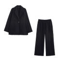 Women's Black Crinkle Effect Transparent Organza Blazer and Wide Leg Pants Set Elegant Two Piece Suit for Evening Party Wedding Guest