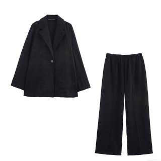 Women's Black Crinkle Effect Transparent Organza Blazer and Wide Leg Pants Set Elegant Two Piece Suit for Evening Party Wedding Guest