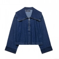 Women's Navy Blue Denim Two Piece Set Sailor Collar Zipper Jacket And High Waist Drawstring Wide Leg Pants Streetwear Casual Outfits