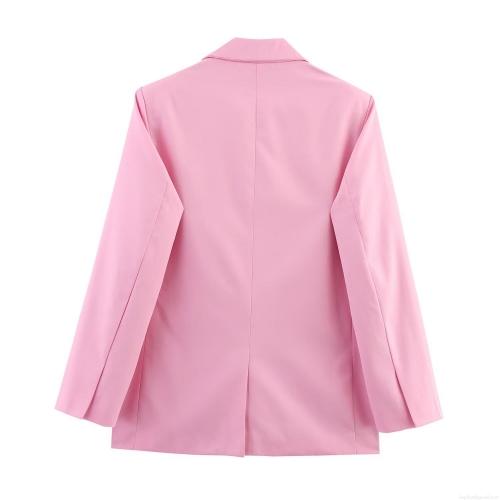 Women's Pink Blazer Trousers Suit Set Polyester Loose Single Breasted Notched Lapel Jacket And Wide Leg High Waist Pants Two Piece Set For Office Lady Professional Elegant Chic Streetwear Outfit