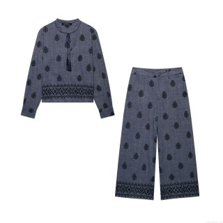 Women's Ethnic Embroidery Two Piece Set Long Sleeve V Neck Tassel Top And High Waist Wide Leg Long Pants Casual Cotton Linen Feel Polyester Blend Suit